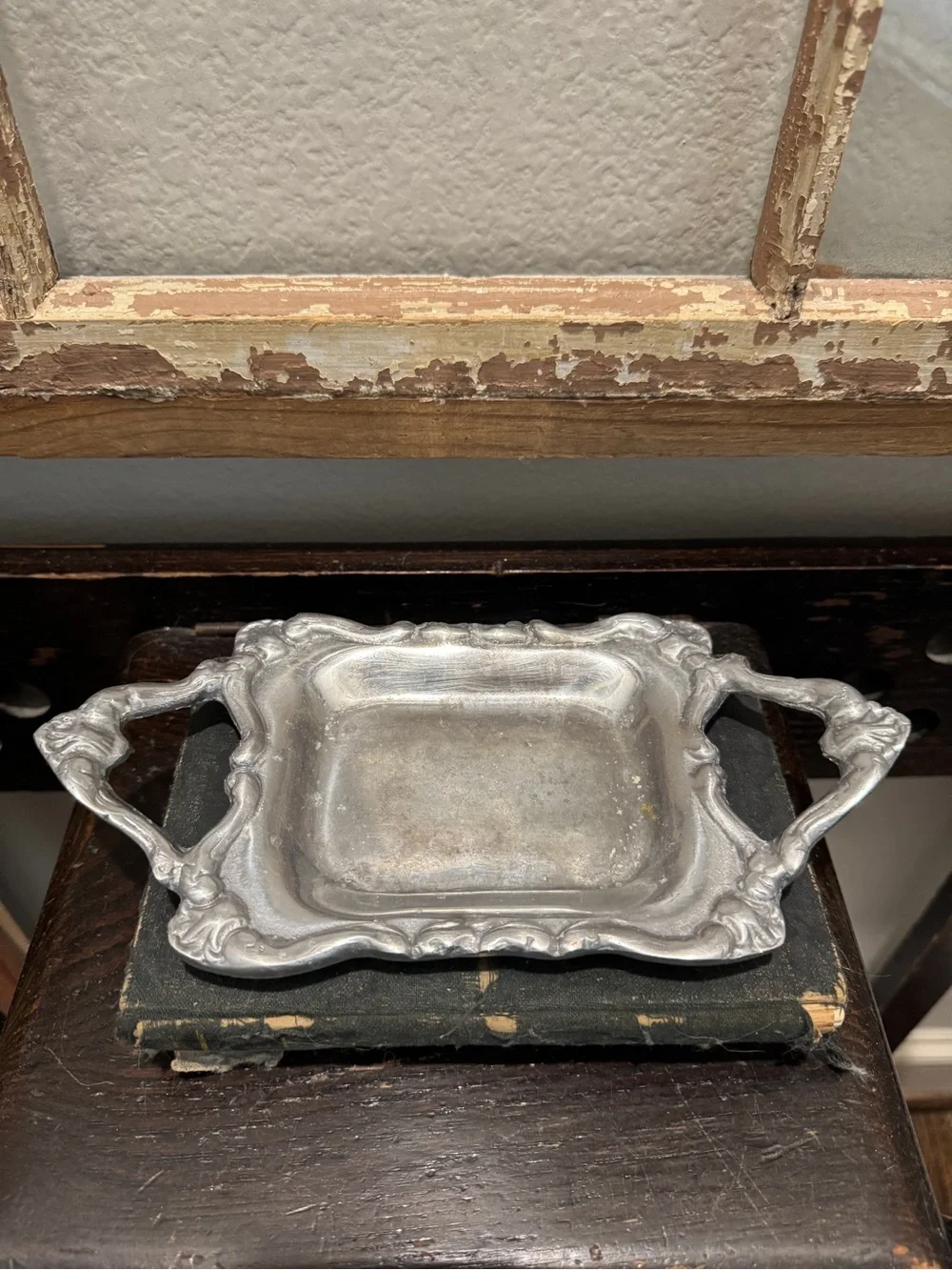Vintage Decorative Silver-Tone Serving Tray with Handles